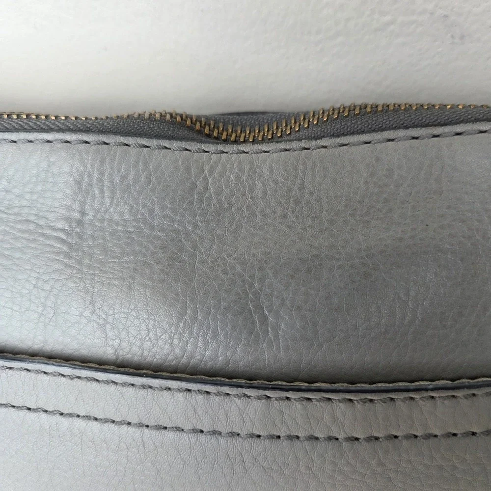 Fossil Gray Leather Crossbody Bag Soft Pebbled Leather Zip Top Key Charm...